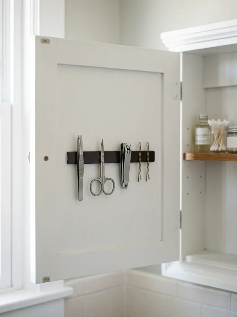 Inside of a bathroom medicine cabinet door with a slim magnetic strip holding tweezers, nail scissors, nail clippers, and metal bobby pins in a row
