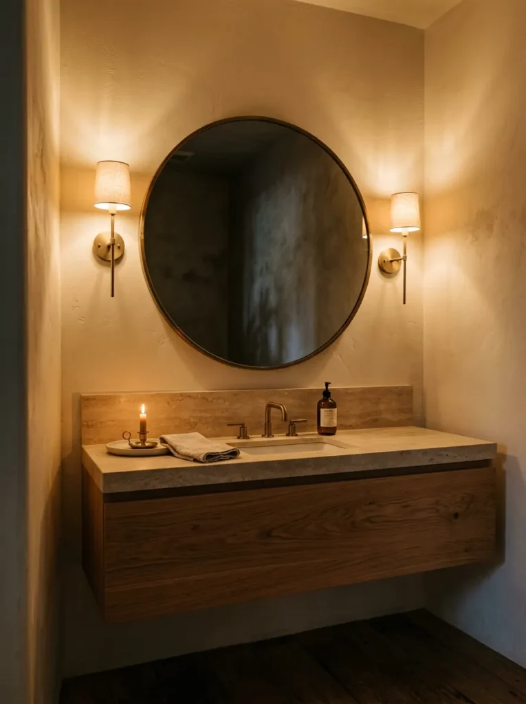 Round bathroom mirror flanked by two matte brass sconces casting warm 2700K light, oak vanity below, no overhead lighting, evening atmosphere