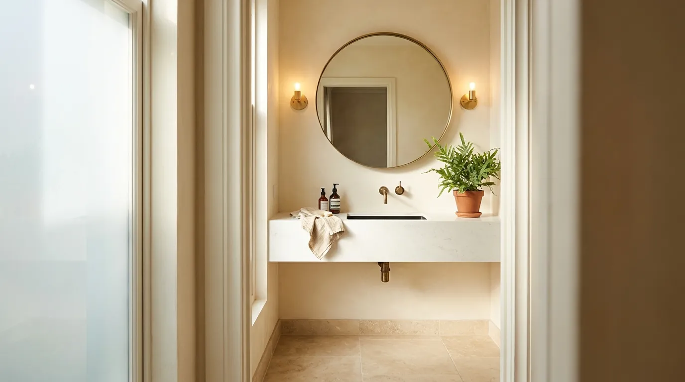 Oversized round brass-framed mirror above a stone vanity with flanking brass sconces in a warm plaster-walled bathroom