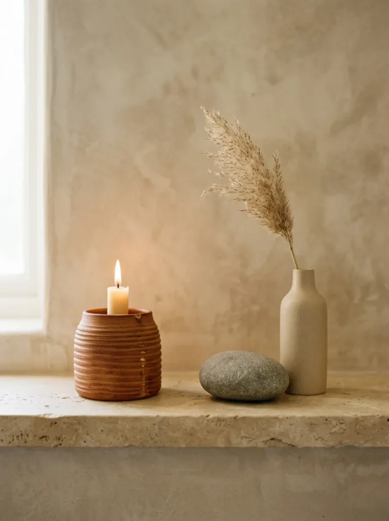 Bathroom shelf with a terracotta ribbed candle holder, smooth river stone, and narrow ceramic bud vase holding a dried pampas stem