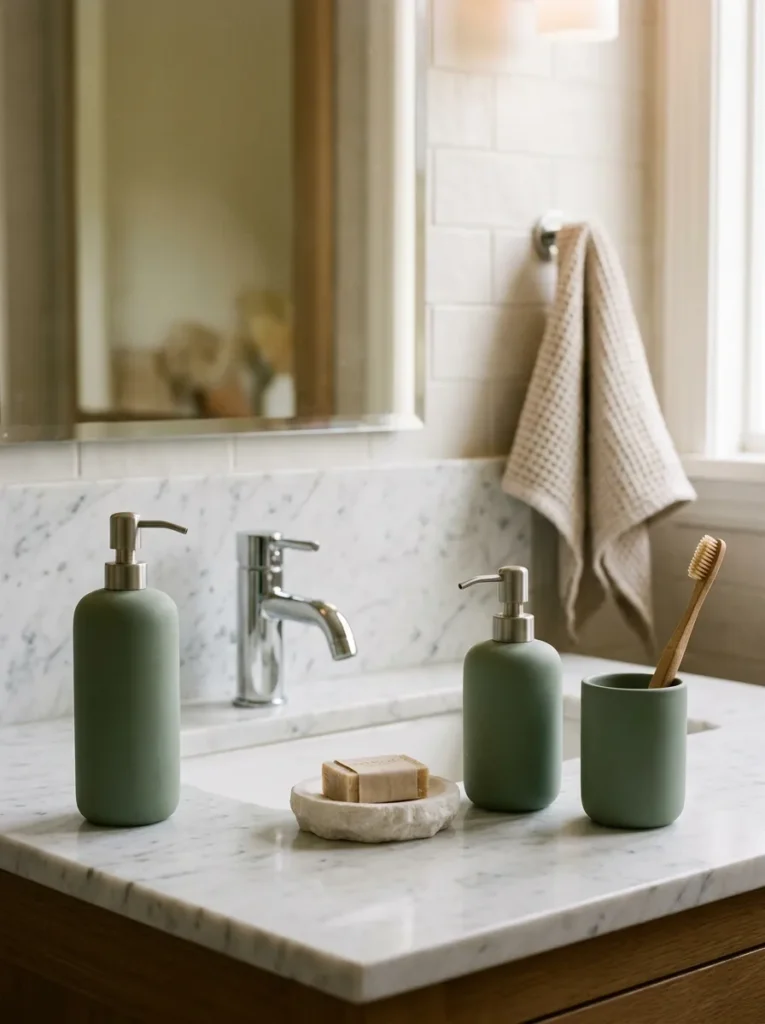 Three-piece coordinating matte sage green ceramic bathroom dispenser set — hand soap pump, hand lotion pump, and toothbrush cup — arranged at the sink with a small stone soap dish
