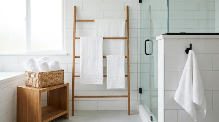 Bright white bathroom with a teak towel ladder holding folded white towels, a wicker basket of rolled towels on a wall shelf, and a matte black hook near the shower
