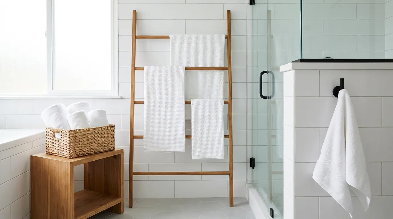 Bright white bathroom with a teak towel ladder holding folded white towels, a wicker basket of rolled towels on a wall shelf, and a matte black hook near the shower