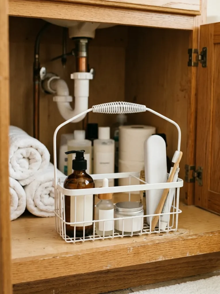 White coated wire handled caddy stored inside an open under-sink bathroom cabinet, holding face wash, serum, moisturizer, and a toothbrush case for a portable morning routine
