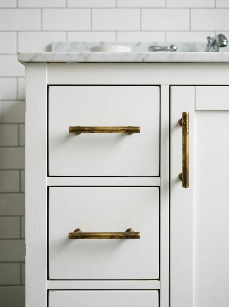 White bathroom vanity cabinet with three aged brass bar pulls replacing standard hardware, against white subway tile