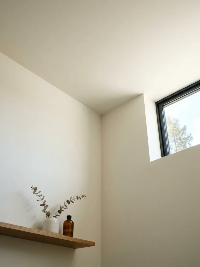 Scandinavian bathroom corner photographed upward showing wall and ceiling in the same continuous warm white, no colour shift at the junction
