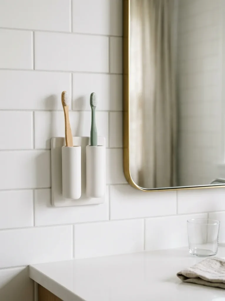 A two-slot matte white ceramic toothbrush holder adhesive-mounted on the tile beside the bathroom mirror, with two toothbrushes held upright off the counter
