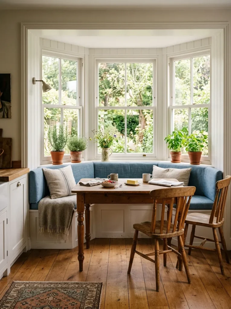Bay window converted into a breakfast nook with a continuous bench cushion in dusty blue, square table, and wood chairs