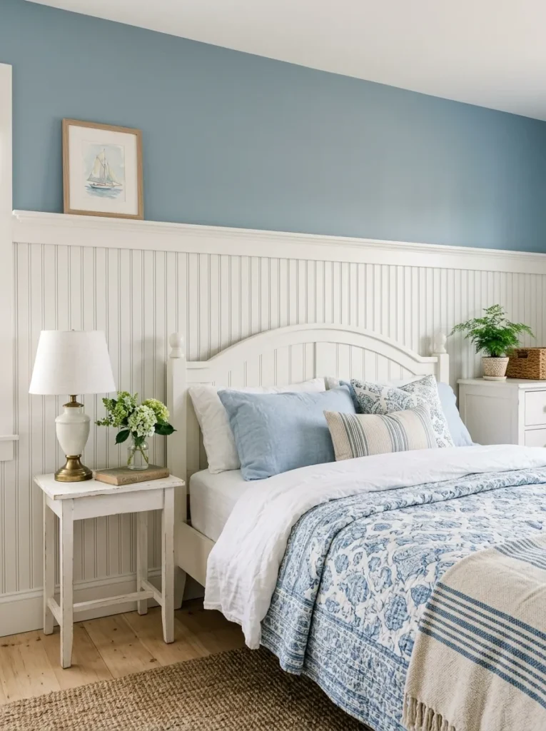 White beadboard on the lower half of a bedroom headboard wall with dusty blue paint above and a white wood headboard below

