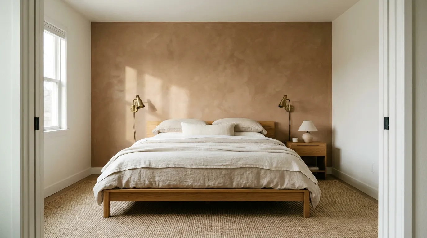 Bedroom with a warm clay limewash accent wall behind a low oak platform bed with layered linen bedding and brass wall sconces