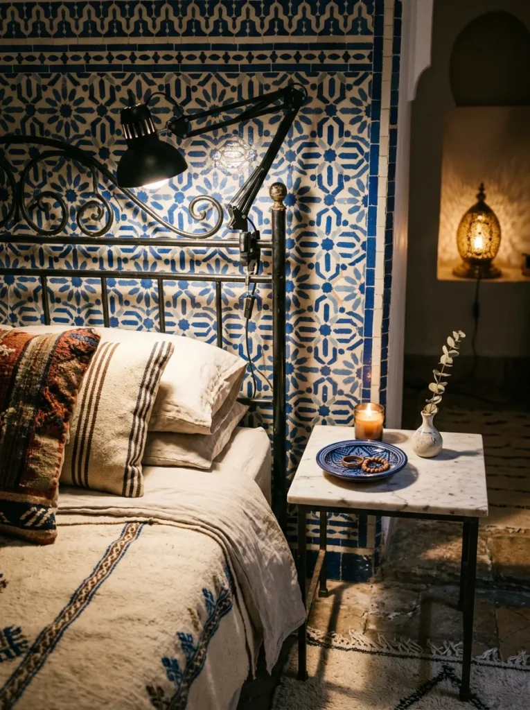 Articulated black metal clamp lamp attached to a bed frame in a Moroccan riad bedroom at evening.