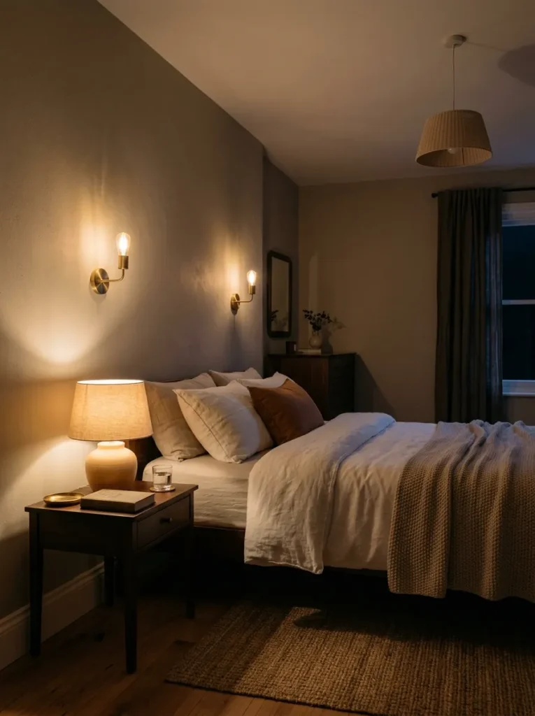 Bedroom at evening with ceiling pendant, wall sconces, and bedside lamp all dimmed to low settings creating a warm restful atmosphere