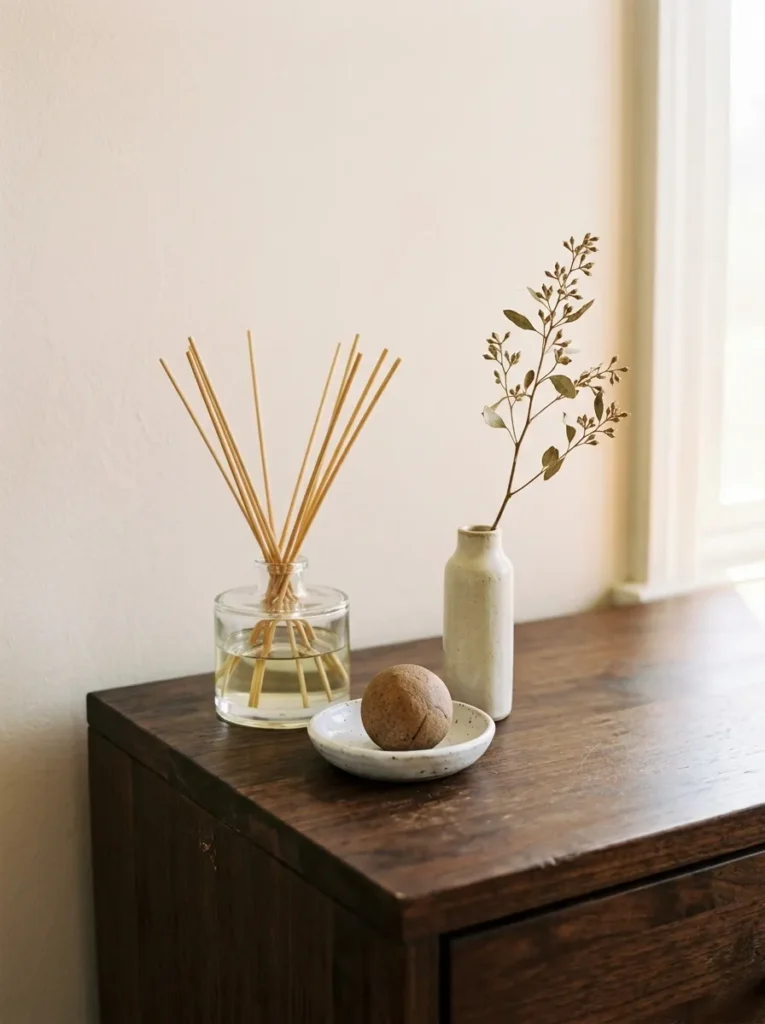 Bedroom dresser corner with a glass reed diffuser, small ceramic dish, and single dried botanical stem in afternoon light on a dark surface