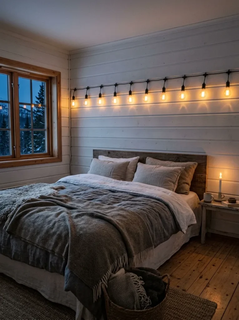 Single horizontal string of warm Edison bulb lights across a shiplap wall in a Norwegian cabin bedroom.