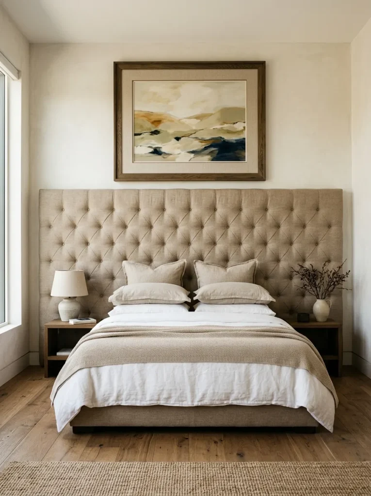 Large upholstered headboard with a single framed artwork above it on a warm off-white bedroom wall, no television visible