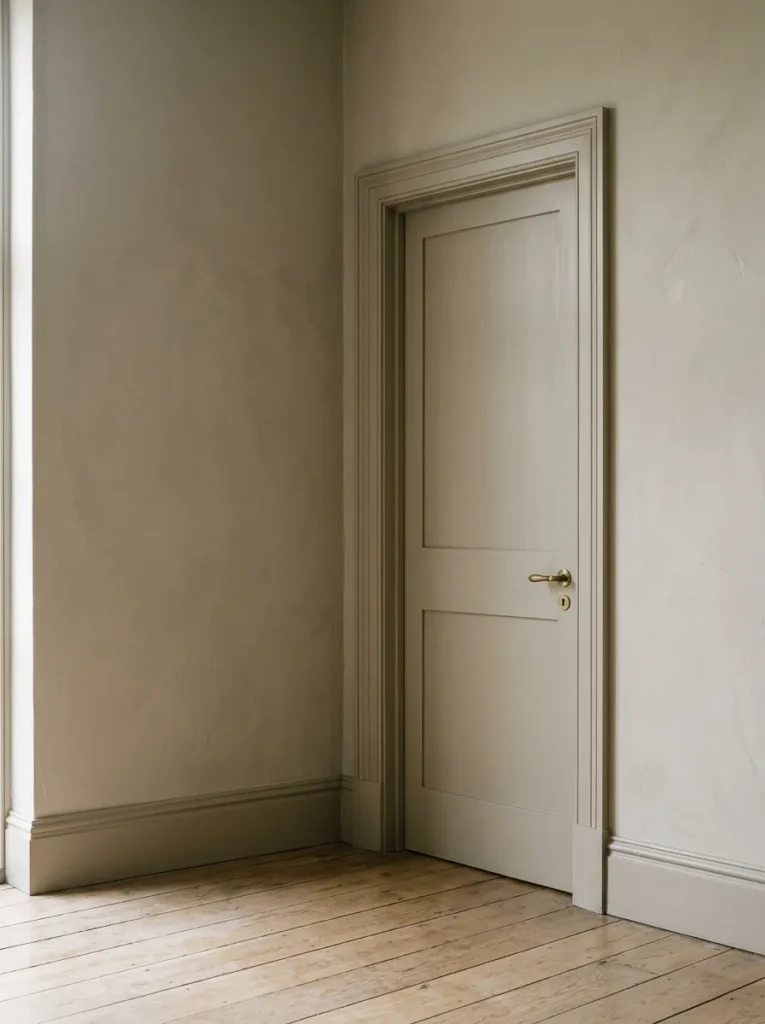 Bedroom door, architrave, and skirting all painted the same greige as the surrounding walls, removing white borders to create a continuous wall surface