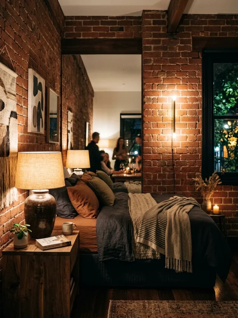 Asymmetric bedside lighting with a stoneware lamp on one side and a brass wall sconce on the other.