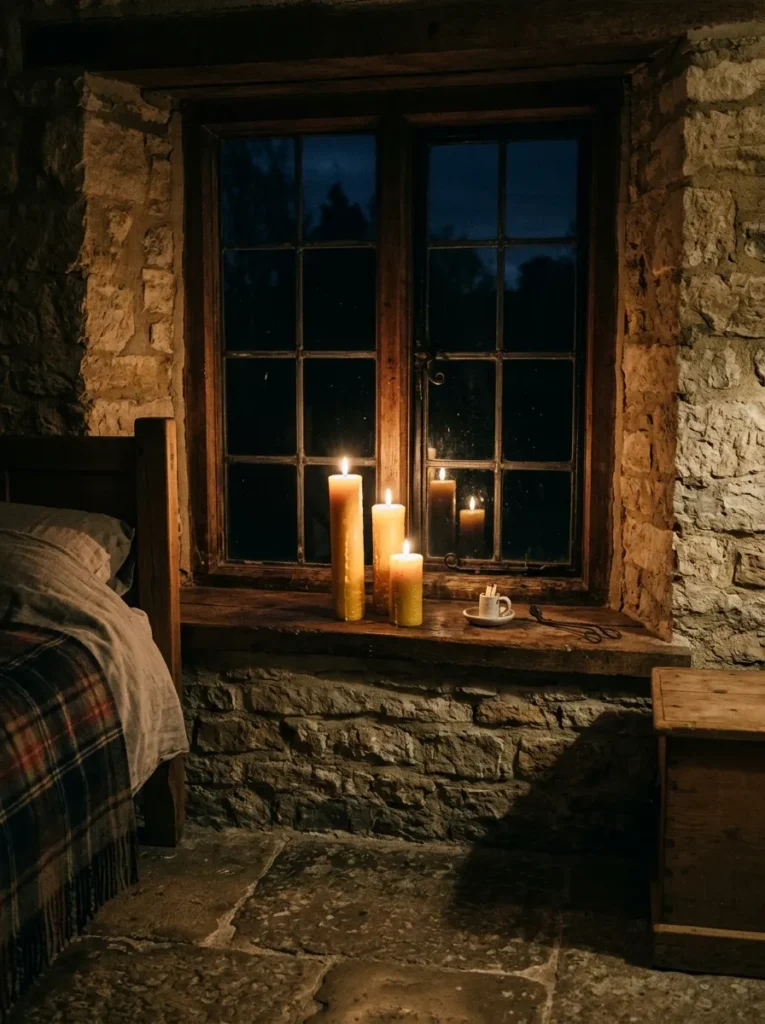 Three beeswax pillar candles on a stone windowsill in a rustic Cotswolds farmhouse bedroom at night.