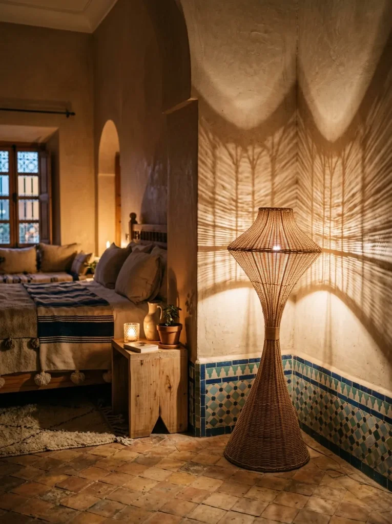 Tall rattan floor lamp angled in a corner casting a fan of warm light in a Moroccan riad bedroom.
