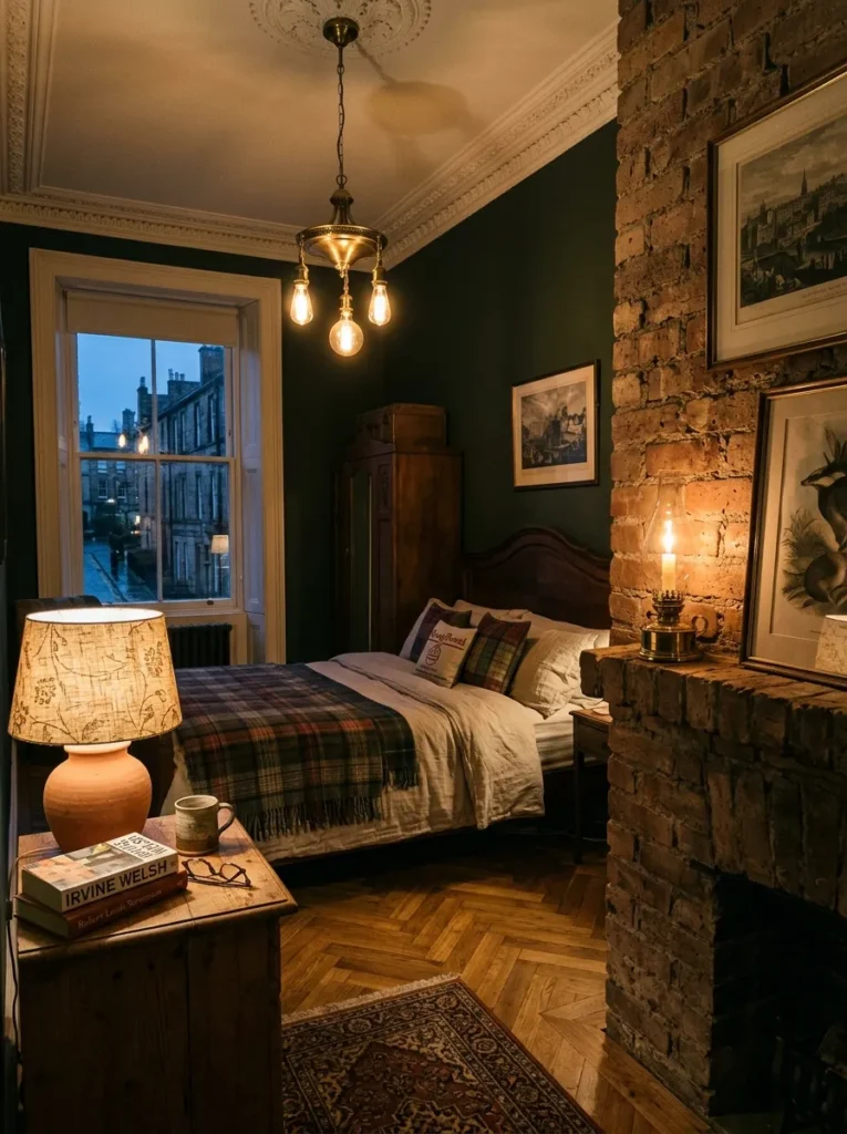 Three layered bedroom lighting sources — pendant, table lamp, and candle — in a Victorian Edinburgh bedroom.
