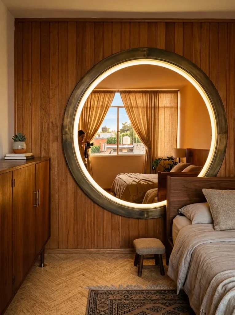 Round lighted mirror in a smoked brass frame reflecting warm amber light in a Mexico City bedroom.