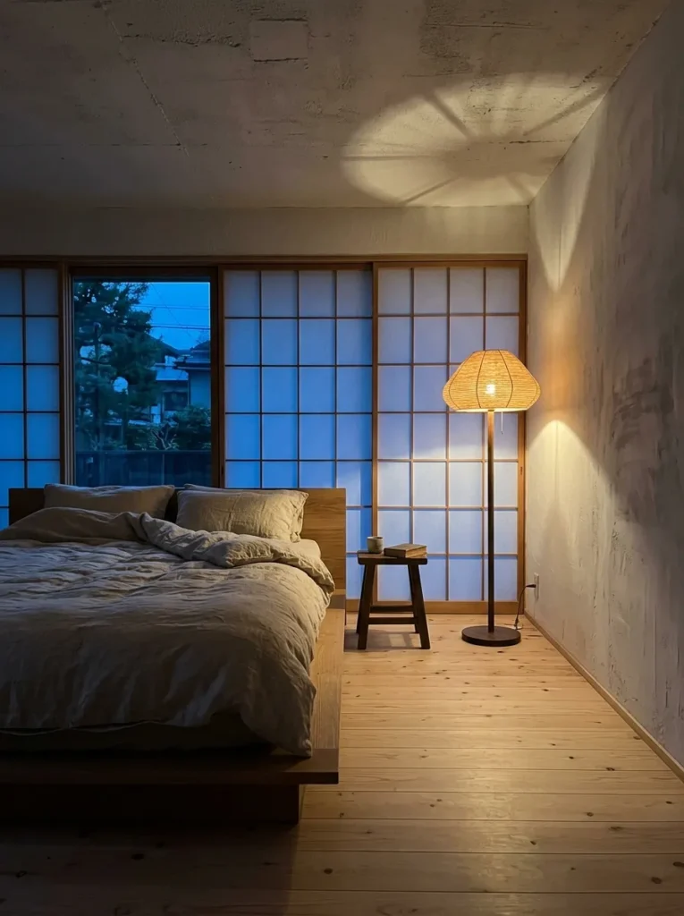 Single smoked oak floor lamp casting amber glow in a Japandi bedroom with no overhead lighting.