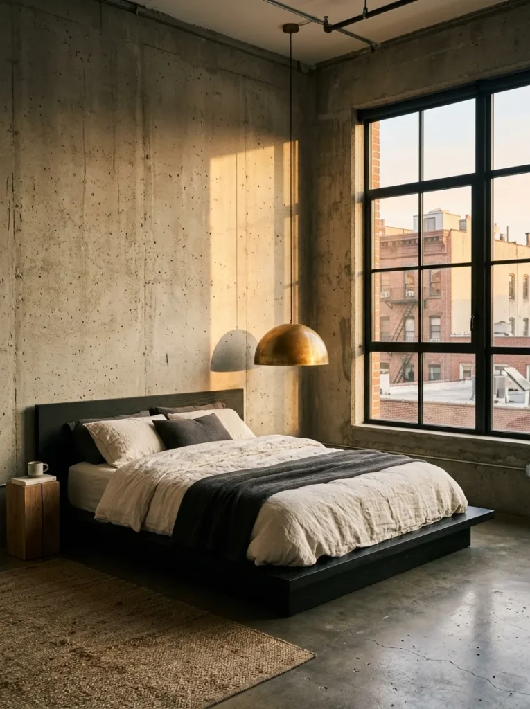 Oversized aged brass pendant light replacing a table lamp beside a platform bed in a Brooklyn loft bedroom.