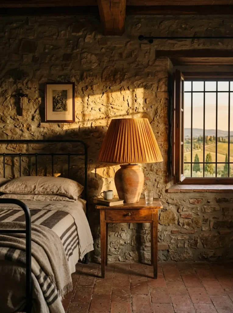 Large pleated amber silk lampshade on a terracotta base in a rustic Tuscan farmhouse bedroom.