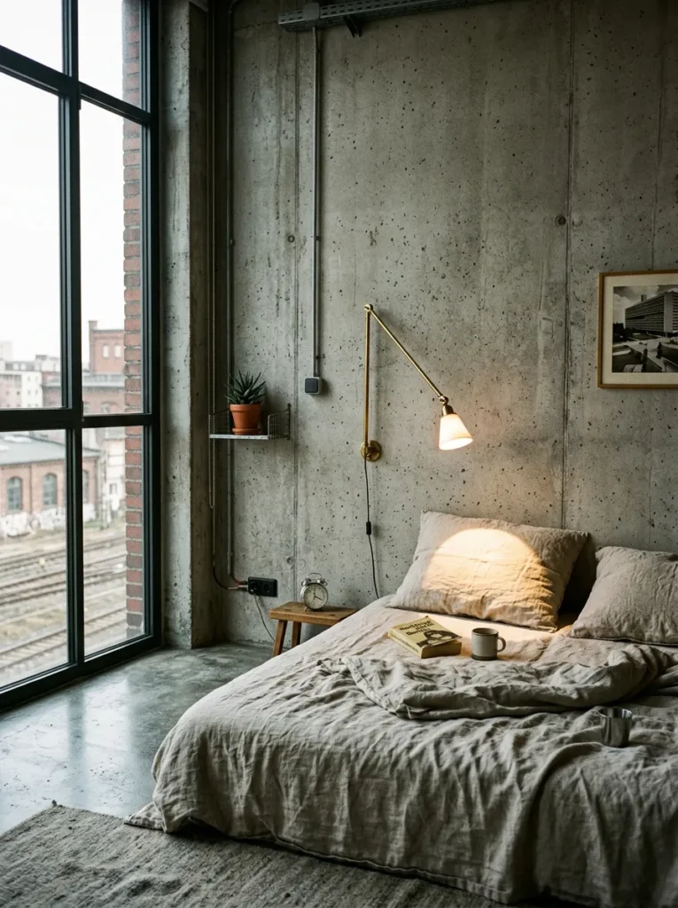 Pivoting brass reading arm lamp angled precisely over a pillow in a brutalist Berlin bedroom.