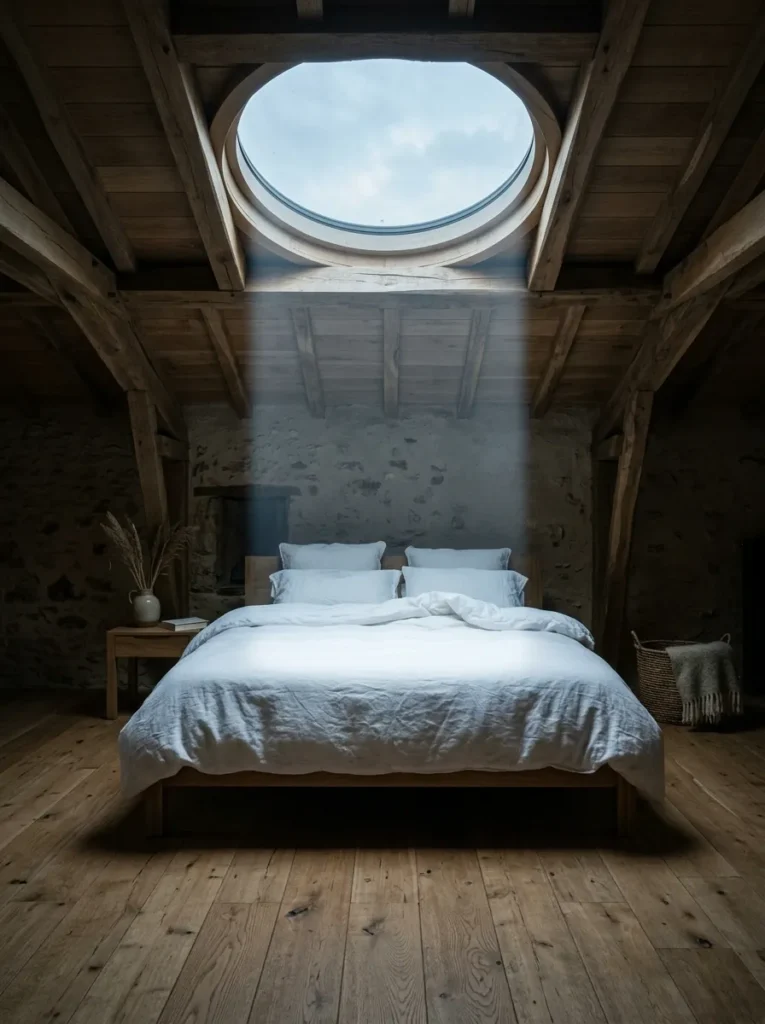 Column of morning daylight falling through a skylight onto white linen in a French eco-house bedroom.