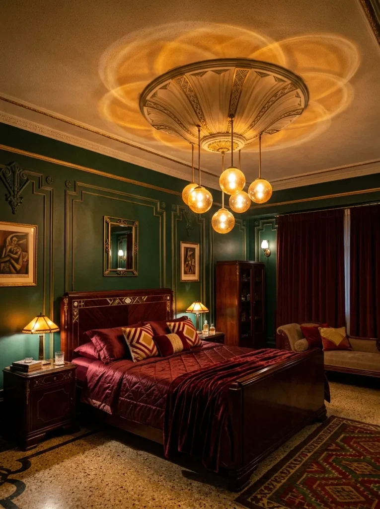 Sculptural ribbed plaster ceiling fixture with amber globes in a maximalist Art Deco Buenos Aires bedroom.