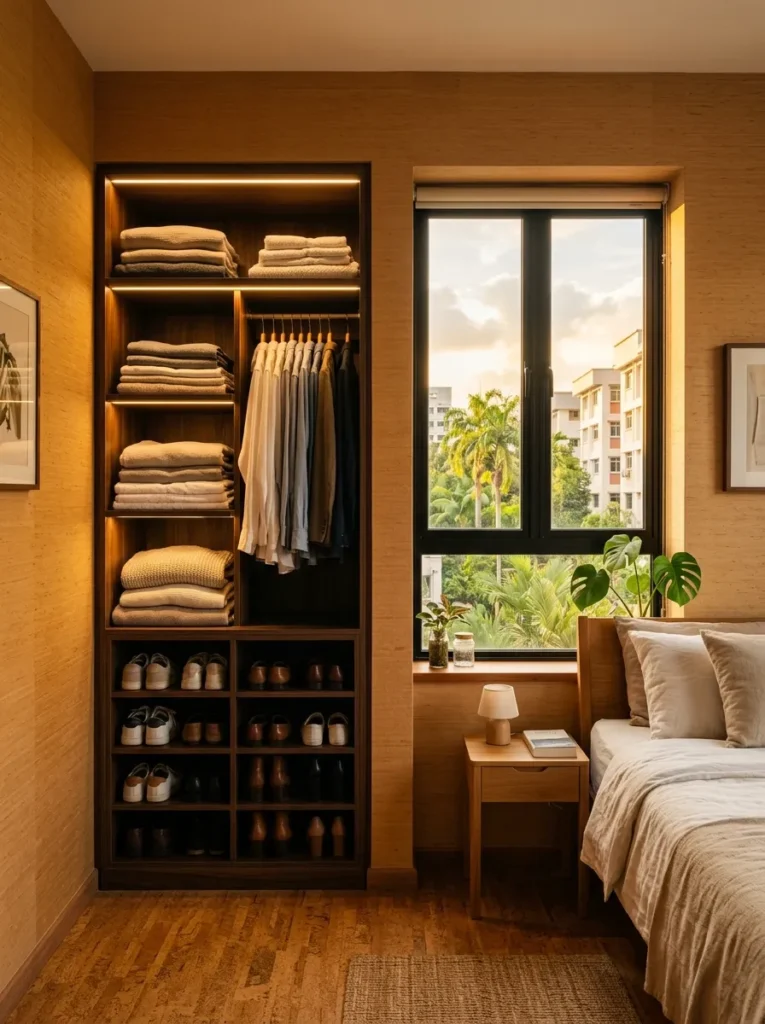 Smoked walnut wardrobe interior lit by warm recessed LED strip in a contemporary Singapore bedroom.