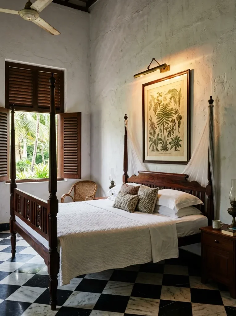 Low-voltage brass picture light illuminating a botanical print above a rosewood bed in a colonial bedroom.
