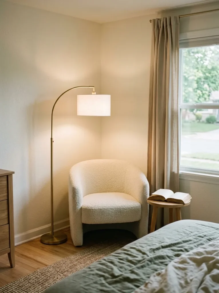 Compact ivory bouclé armchair in a bedroom corner reading nook with a lit floor lamp and a small side table with a book