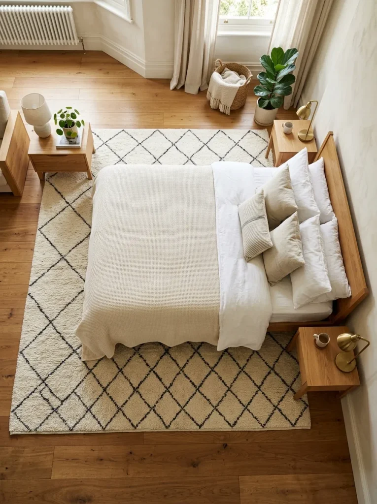 Overhead view of a bedroom showing an ivory Moroccan-pattern rug extending well beyond the bed on each side, with warm oak floor visible at the edges