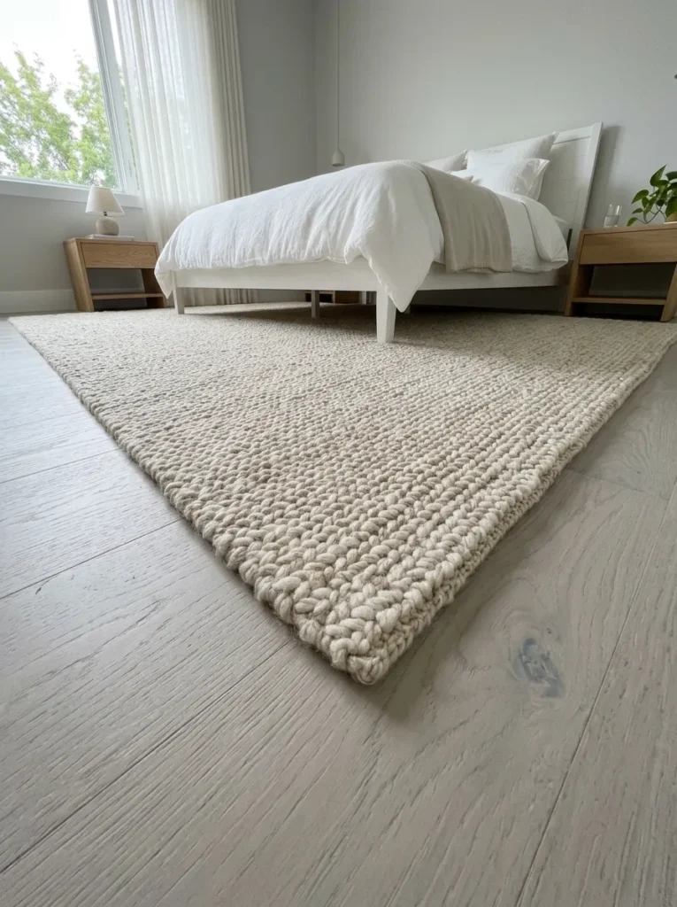 Floor-level view showing a large oatmeal wool rug extending beyond the sides and foot of a queen bed frame, against pale grey floorboards in a small bedroom
