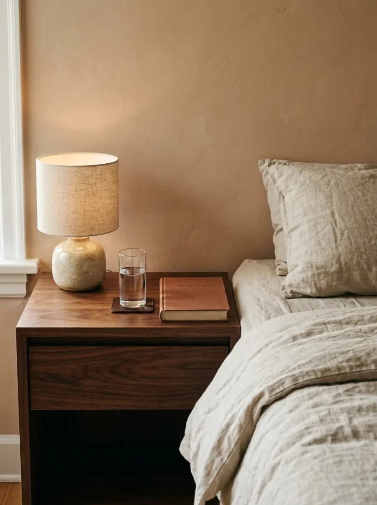 Dark walnut nightstand with surface aligned to mattress height, holding a ceramic lamp, glass, and book beside linen bedding