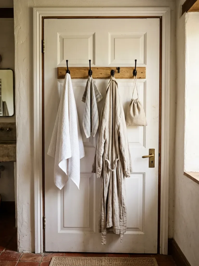 Back of bathroom door with a mounted multi-hook rail holding towels and a robe