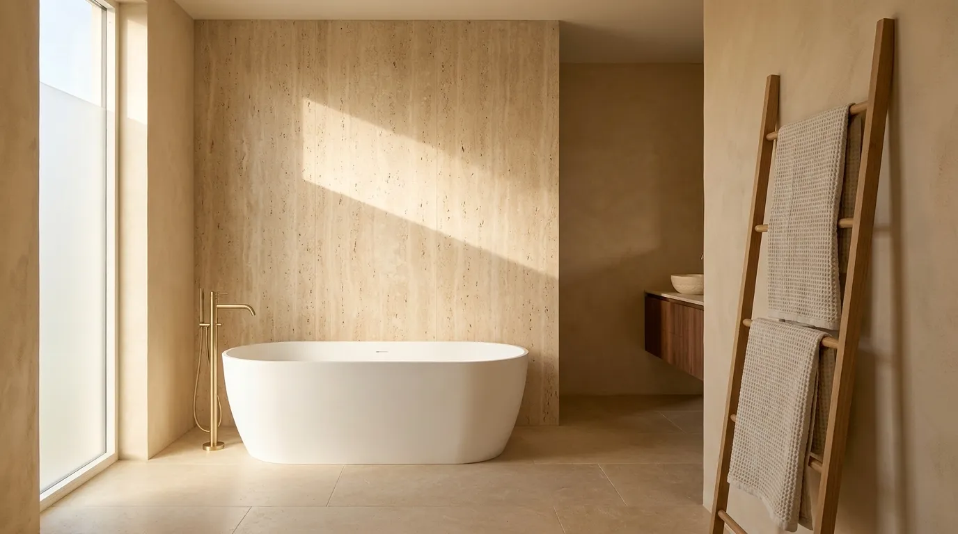Warm beige bathroom with travertine feature wall, matte white freestanding bath, floor-mounted brass taps, and oak towel ladder
