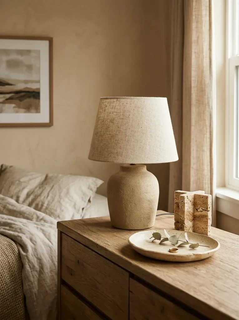Beige bedroom dresser top with matte sandy ceramic lamp, hand-thrown ceramic dish, and travertine stone object

