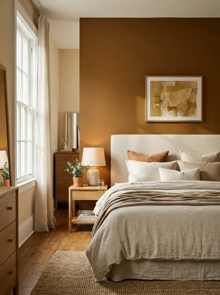Beige bedroom with a caramel-honey accent wall behind the bed as a deeper variation of the surrounding sandy beige walls
