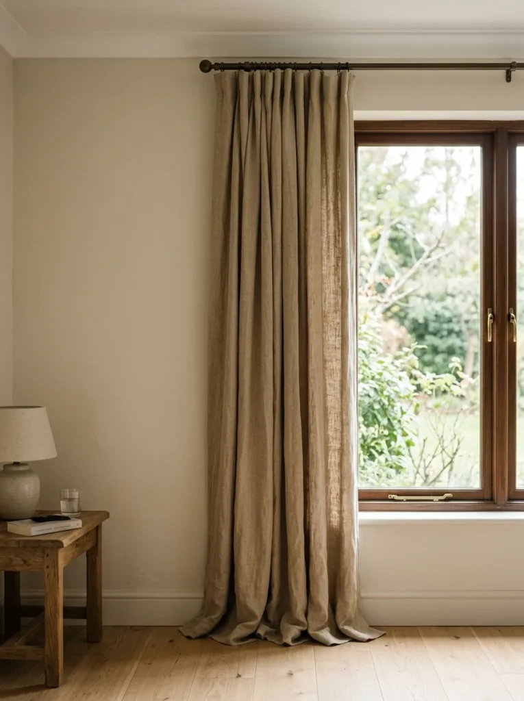 Floor-length warm sand linen curtains on a ceiling-height rod in a beige bedroom, tonal relationship with the wall clearly visible

