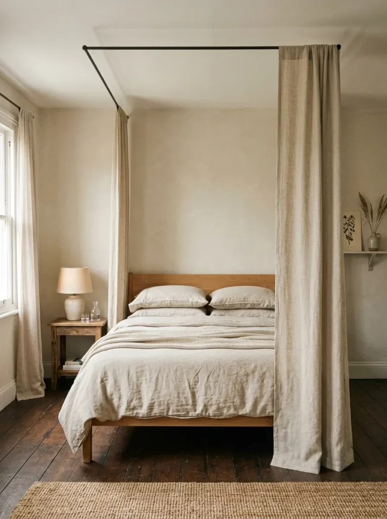 Simple ceiling-mounted linen canopy panels framing a bed in a beige bedroom, reaching floor to ceiling on both sides of the headboard
