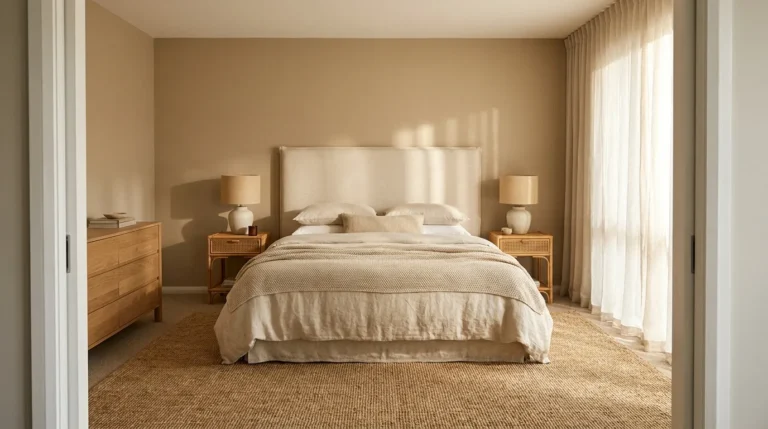 Warm beige bedroom with a linen upholstered headboard, rattan nightstands, ceramic lamps, and a jute rug in morning light