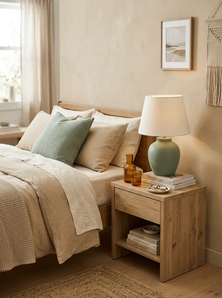 Beige bedroom vignette with a sage green ceramic lamp and dusty sage pillow as the sole accent color against warm neutrals
