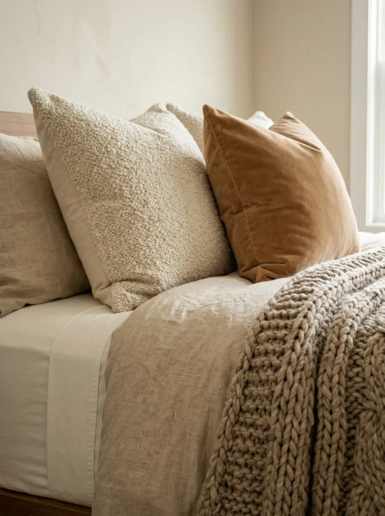 Beige bedroom bed corner showing five textile textures — percale, linen, boucle, knit, and velvet — all in warm ivory-to-caramel tones
