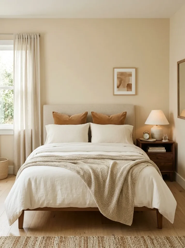 Beige bedroom showing tonal range from pale sandy walls through cream bedding to caramel shams and dark walnut nightstand
