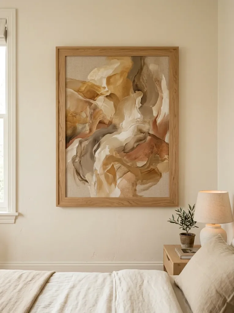 Abstract painting in earthy ochre and sandy brown tones in a natural wood frame on a pale beige bedroom wall
