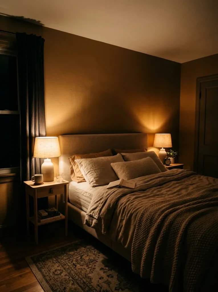 Beige bedroom at evening with warm-white bedside lamps casting amber light on the walls and bedding
