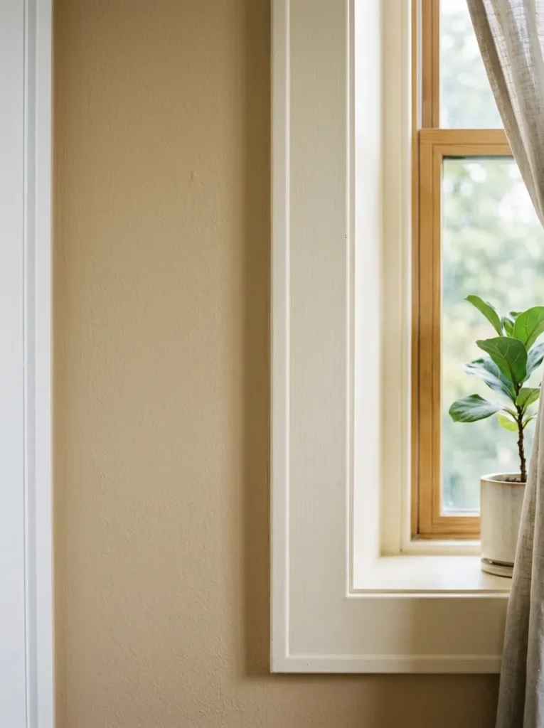 Beige bedroom wall beside warm ivory-white trim at a window reveal, showing harmonious tonal relationship
